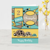 2歳任意の年齢レディバード茶色のターコイズ カード (黄色い花)