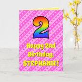 2歳目の誕生日:ピンクのストライプハート、レインボー# 2 カード (黄色い花)