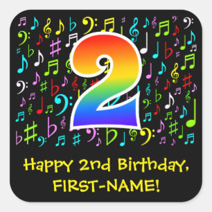 2歳目の誕生日：ミュージカラフルックシンボル、虹2 スクエアシール