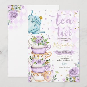 2歳誕生日パーティー用茶紫フローラ茶パーティー 招待状