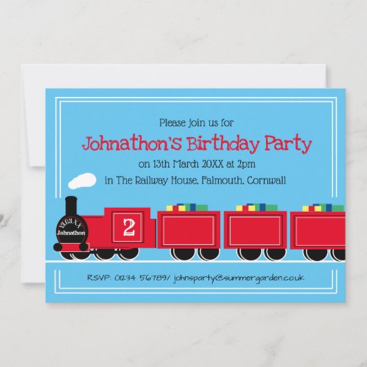 2歳（または任意の年齢）の誕生日電車男の子パーティー 招待状 (正面)