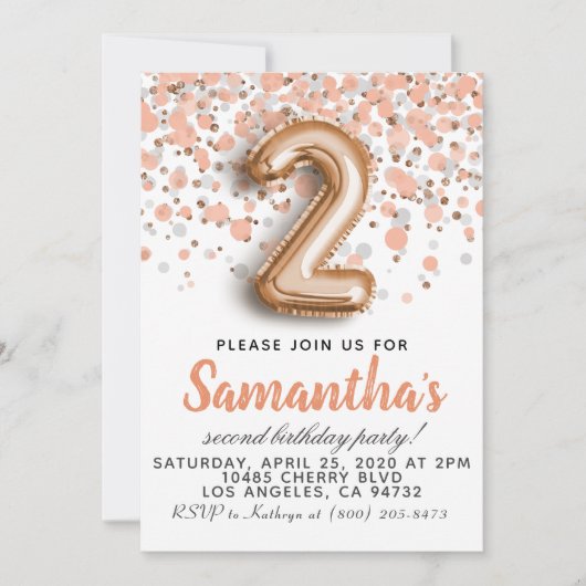 2歳 ローズゴールド 誕生日 招待状 (正面)