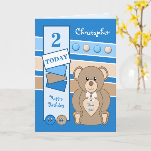 2歳any age teddy bear kids blue brown カード (黄色い花)