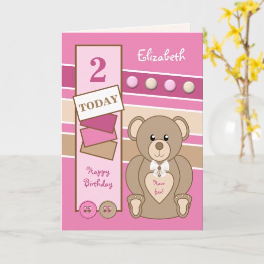 2歳tedbear子供ピンク茶色 カード (黄色い花)