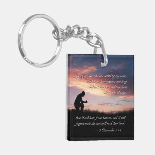 2歴代誌7:14聖書の聖句の人がひざまずき祈て キーホルダー (正面左)