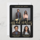 2段階卒業2グラデーション黒&金ゴールドの共同写真 招待状 (正面)