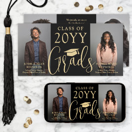 2段階卒業2グラデーション黒&金ゴールドの共同写真 案内状