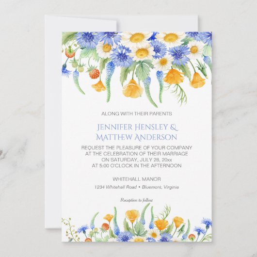 #2水彩ブルーイエローワイルドフラワーズ招待状 招待状 (正面)