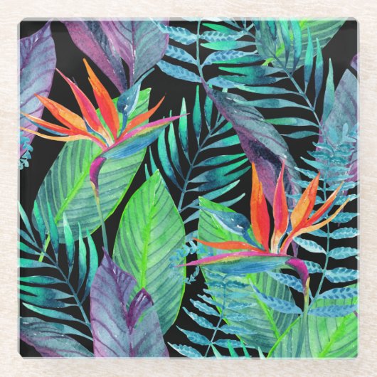 2水彩画の極楽鳥 ガラスコースター (正面)