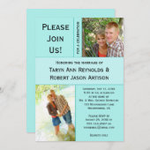 #2淡い色のティール（緑がかった色）ブルーフォトブロック結婚ポスト 招待状 (正面/裏面)