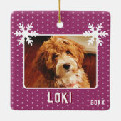 2犬ペット写真雪片パープルクリスマス セラミックオーナメント (裏面)