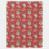 2犬写真トナカイのアントラーメリークリスマスレッド フリースブランケット (正面)