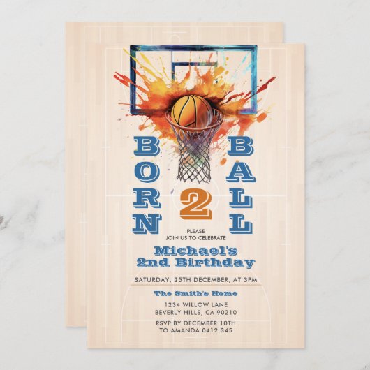 2球生まれ男子バスケットボール2回目の誕生日パーティー 招待状 (正面/裏面)