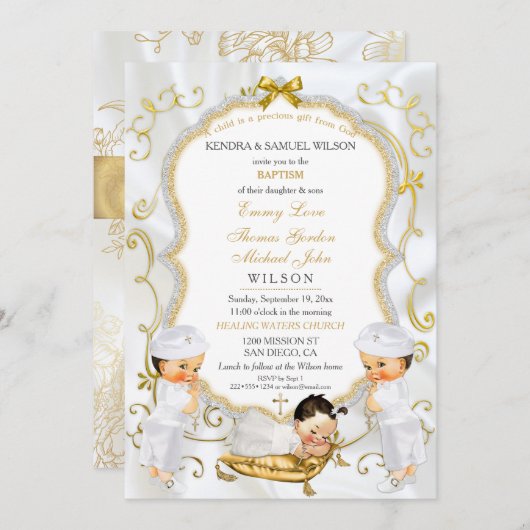 2男の赤ちゃん&ガールバプテスマ《キリスト教》洗礼式や命名式金ゴールドInv 招待状 (正面/裏面)