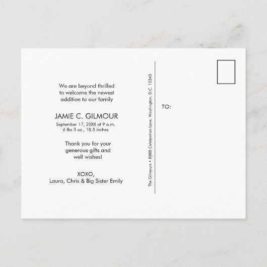 2番目のベビーカスタムの写真感謝していの誕生 案内ポストカード (裏面)