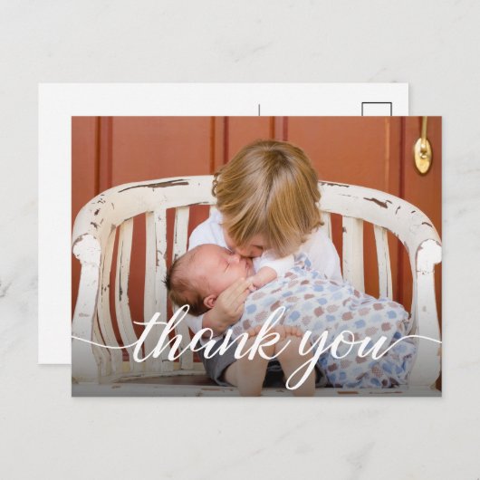 2番目のベビー感謝してい写真のスクリプト誕生 案内ポストカード (正面/裏面)