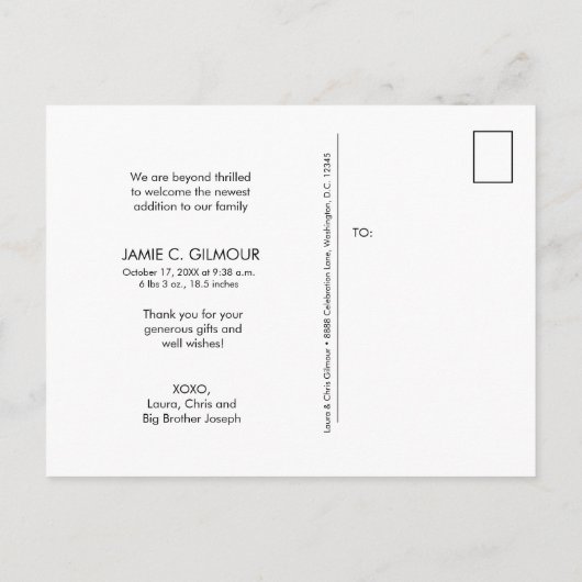 2番目のベビー感謝してい写真のスクリプト誕生 案内ポストカード (裏面)