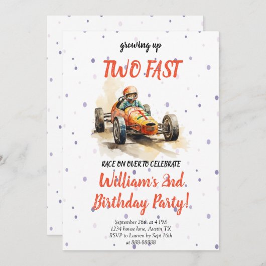 2番目の成長ファーストレースカー2番目の誕生日 招待状 (正面/裏面)