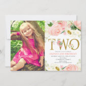 2番目の誕生日の女の子、赤面ピンク金ゴールドフローラ写真 招待状 (正面)