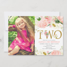 2番目の誕生日の女の子、赤面ピンク金ゴールドフローラ写真 招待状