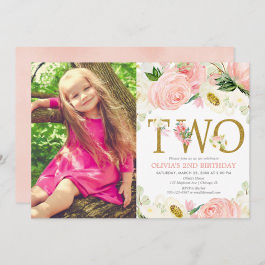 2番目の誕生日の女の子、赤面ピンク金ゴールドフローラ写真 招待状 (正面/裏面)