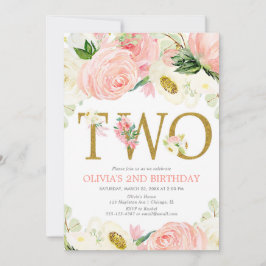 2番目の誕生日ガール、赤面ピンク金ゴールドエレガントフローラ 招待状