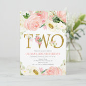 2番目の誕生日ガール、赤面ピンク金ゴールドエレガントフローラ 招待状 (スタンド正面)