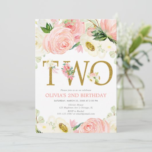 2番目の誕生日ガール、赤面ピンク金ゴールドエレガントフローラ 招待状 (スタンド正面)