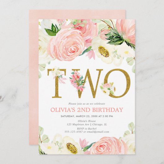 2番目の誕生日ガール、赤面ピンク金ゴールドエレガントフローラ 招待状 (正面/裏面)