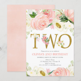 2番目の誕生日ガール、赤面ピンク金ゴールドエレガントフローラ 招待状