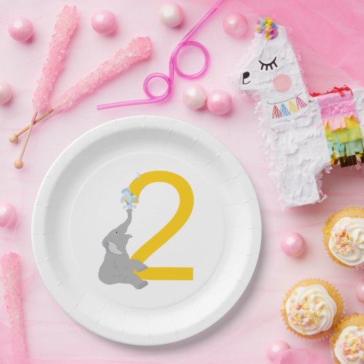2番目の誕生日グレイモダンエレファントパーティープレート ペーパープレート (パーティー)