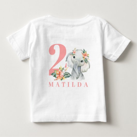 2番目の誕生日ゾウのフローラtシャツ ベビーTシャツ (裏面)