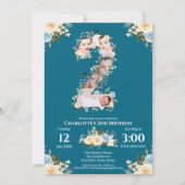 2番目の誕生日ティール(緑がかった色)花写真コラージュブルーイエロー 招待状 (正面)