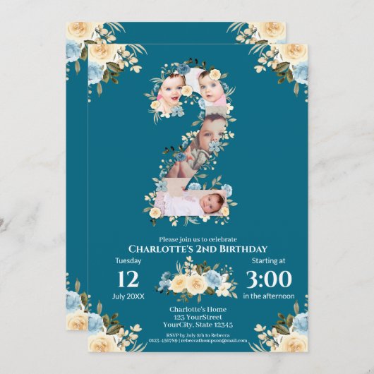 2番目の誕生日ティール（緑がかった色）花写真コラージュブルーイエロー 招待状 (正面/裏面)
