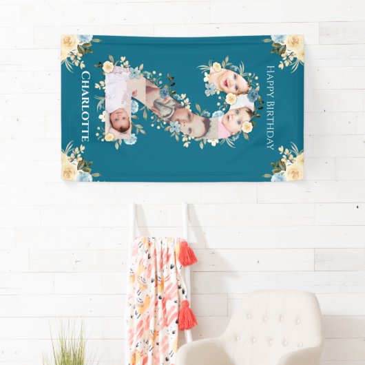 2番目の誕生日ティール(緑がかった色)花写真コラージュブルーイエロー 横断幕 (インサイチュ)