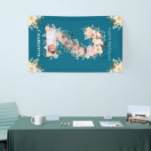 2番目の誕生日ティール(緑がかった色)花写真コラージュブルーイエロー 横断幕 (トレードショー)