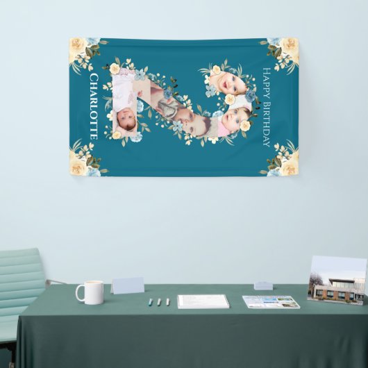 2番目の誕生日ティール(緑がかった色)花写真コラージュブルーイエロー 横断幕 (トレードショー)