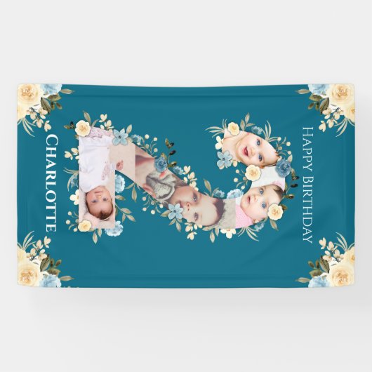 2番目の誕生日ティール（緑がかった色）花写真コラージュブルーイエロー 横断幕 (横)