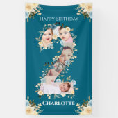 2番目の誕生日ティール(緑がかった色)花写真コラージュブルーイエロー 横断幕 (縦)