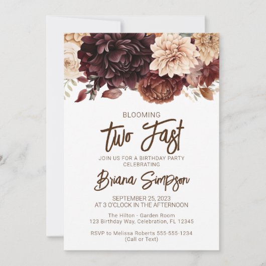 2番目の誕生日パーティーブラウンベージュフラワーズフローラ 招待状 (正面)