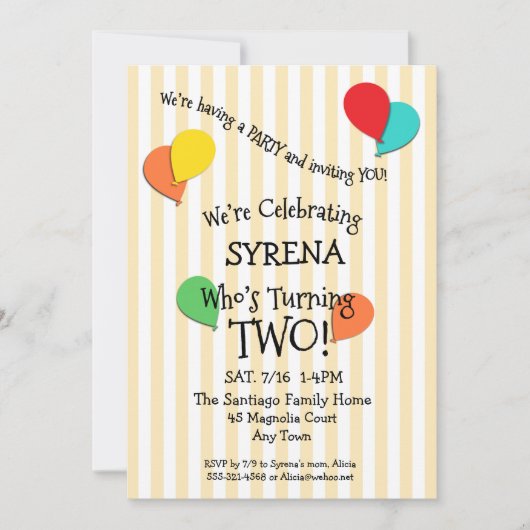 2番目の誕生日パーティー写真のバルーンの追加招待状 招待状 (正面)