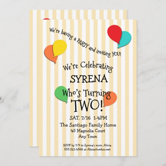 2番目の誕生日パーティー写真のバルーンの追加招待状 招待状 (正面/裏面)