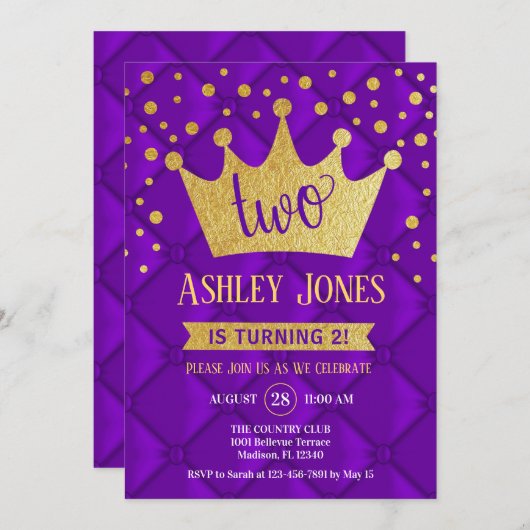 2番目の誕生日パーティー – 紫王室のの金ゴールド 招待状 (正面/裏面)