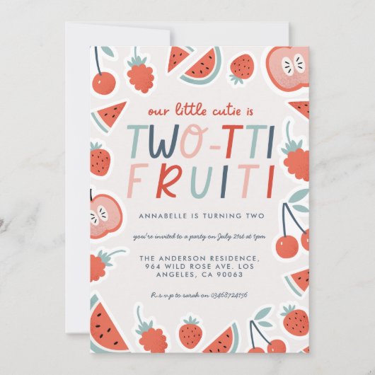 2番目の誕生日フルーツ赤い夏の子供のパーティーinv 招待状 (正面)