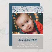 2番目の誕生日招待状ボーイ紙吹雪写真海軍 招待状 (正面/裏面)