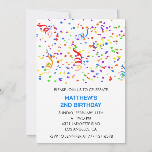 2番目の誕生日招待状紙吹雪レインボーボーイ 招待状 (正面)