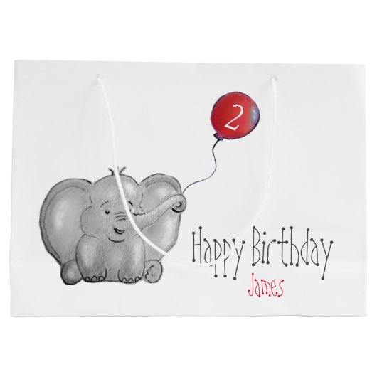 2番目または赤いバルーンを持つ誕生日のゾウ ラージペーパーバッグ (裏面)