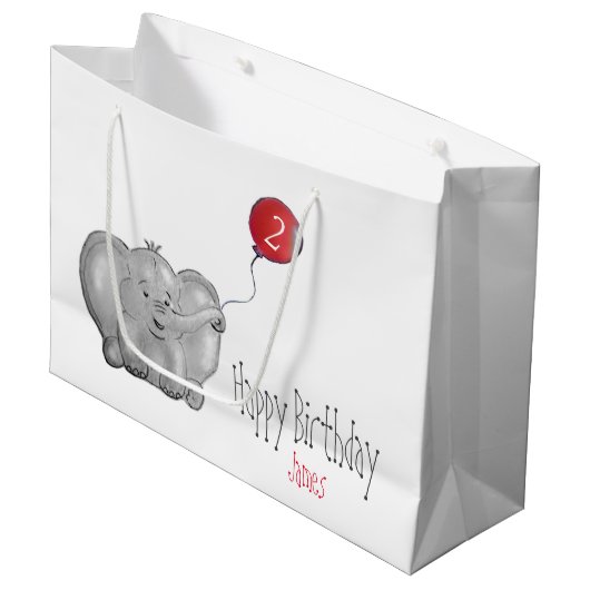 2番目または赤いバルーンを持つ誕生日のゾウ ラージペーパーバッグ (正面アングル)