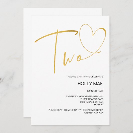 2番目エレガントの誕生日招待状2ハート金ゴールド 招待状 (正面/裏面)