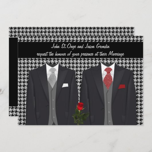2着のタキシードを持つ陽気な結婚式招待状は上がり、 招待状 (正面/裏面)